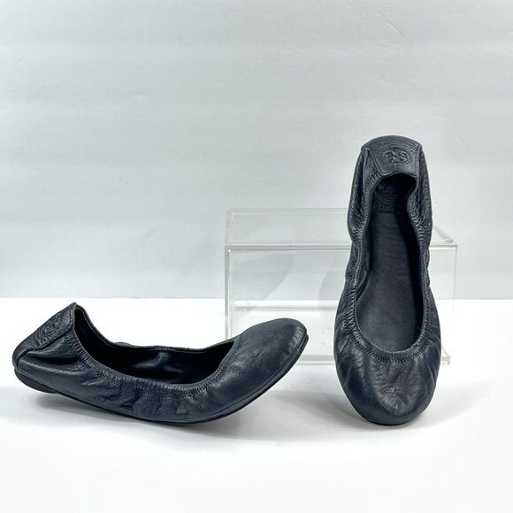Tory Burch Shoes Womens Size 8 Navy Blue Eddie Leather Ballet Flats Logo Heel - Picture 1 of 12